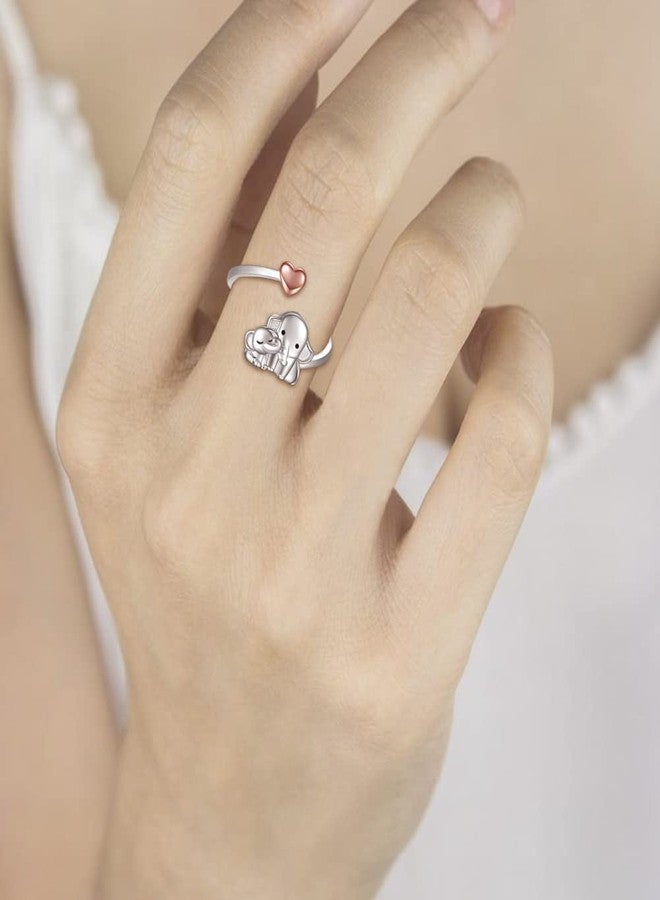 Sariel Mom Daughter Elephant Ring 925 Sterling Silver Adjustable Love Heart Finger Rings Pendant for Women Wife Mom Nana Daughter Jewelry Gift (Rose gold heart 2, 8) - Image 5