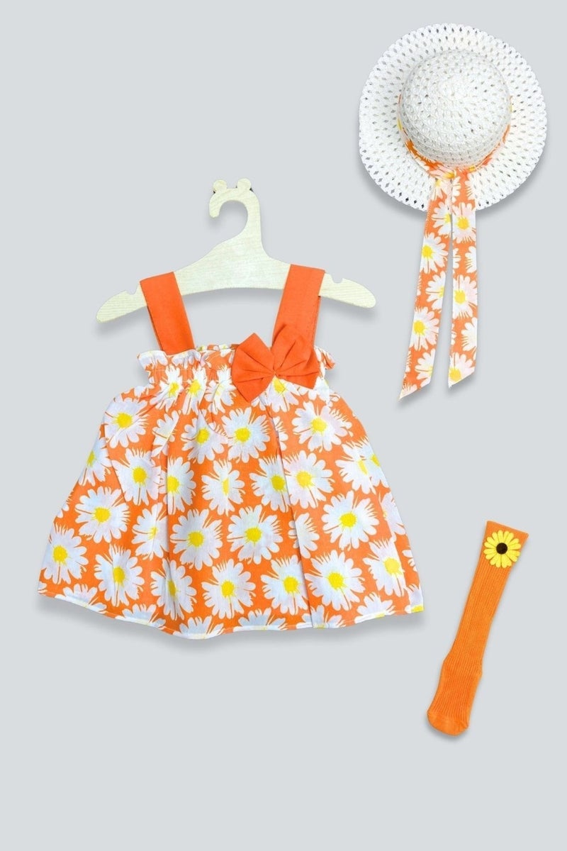 Adabebek Hat Flower Patterned Dress Knee Length Flower Socks Set