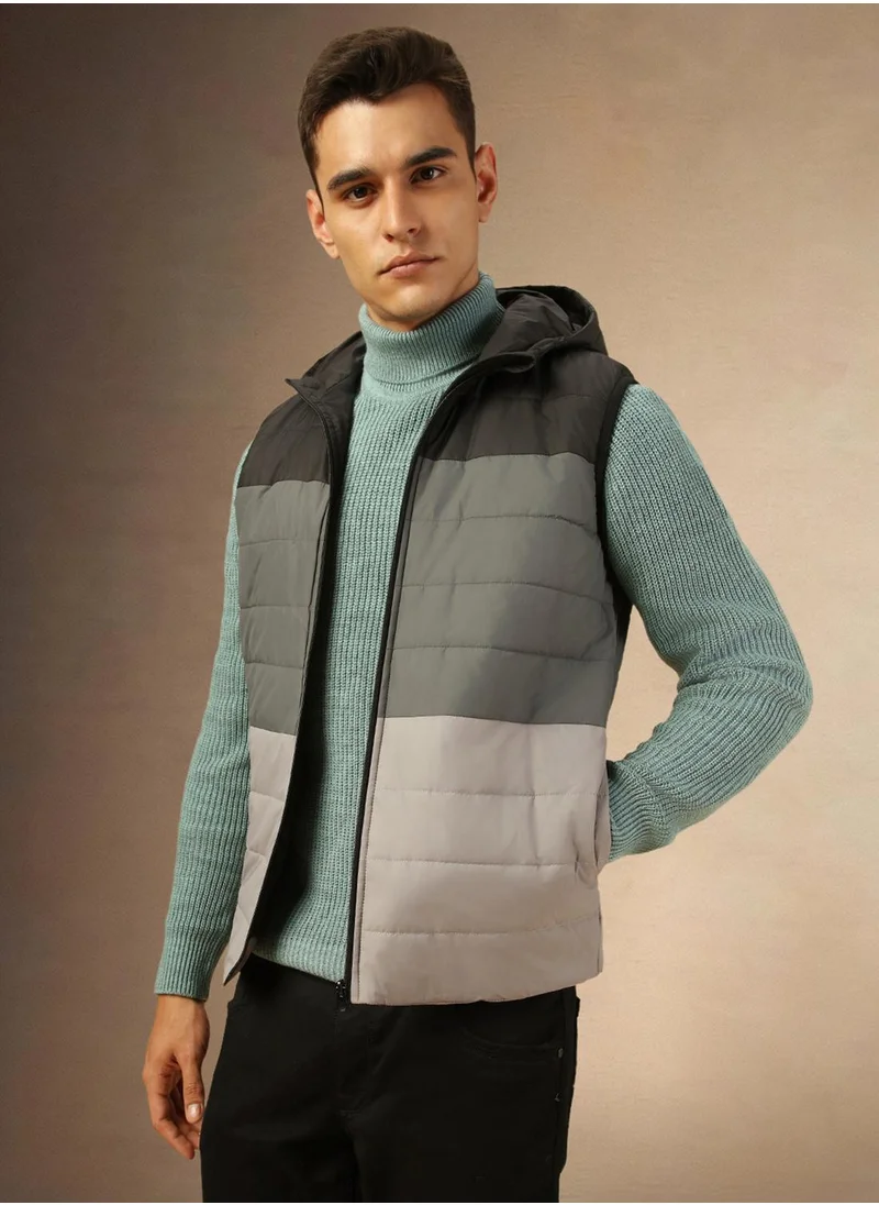 دينيس لينغو Men's Black 100% Polyester Colour Blocked Regular Fit Jacket