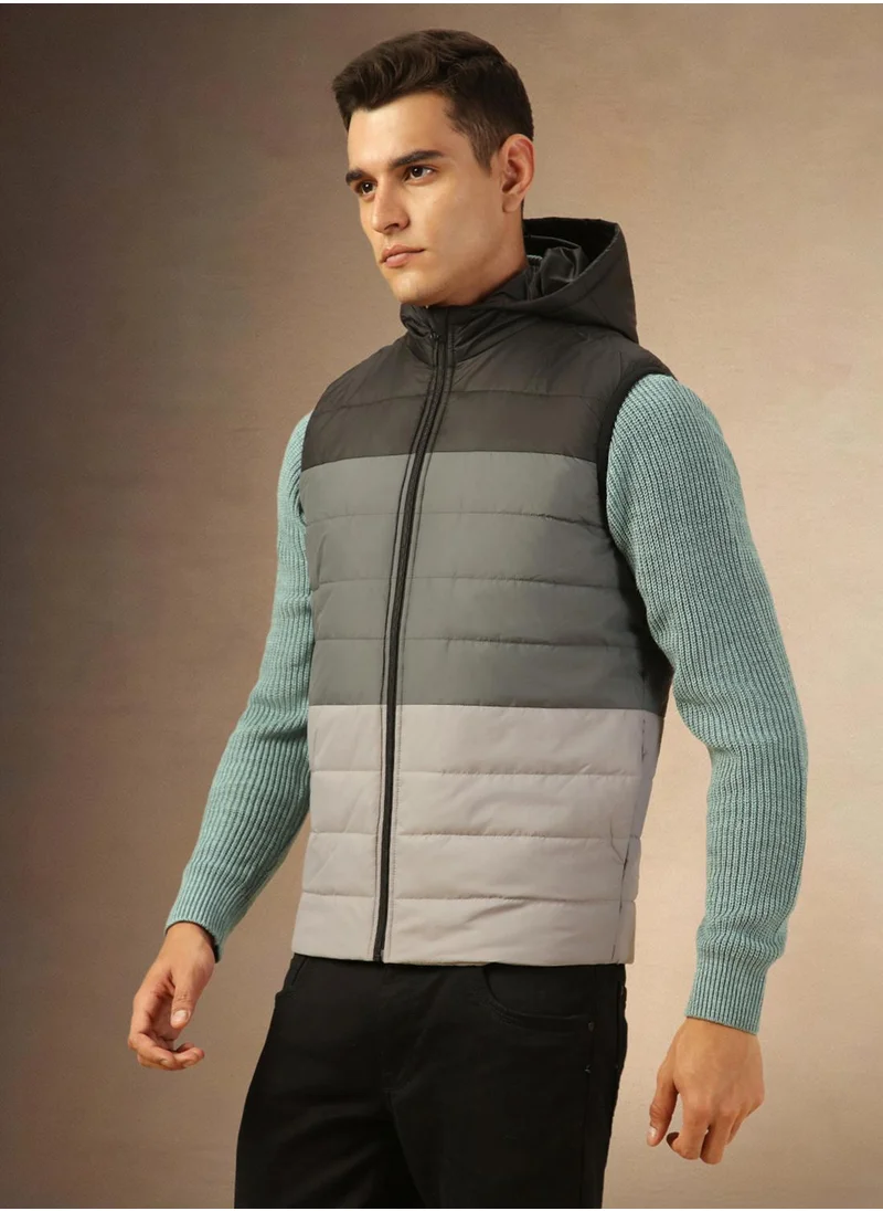 دينيس لينغو Men's Black 100% Polyester Colour Blocked Regular Fit Jacket