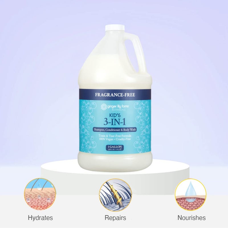 Ginger Lily Farms Botanicals Kid's 3-in-1 Shampoo, Conditioner & Body Wash, Tear-Free Formula, 100% Vegan & Cruelty-Free, Fragrance-Free, 1 Gallon (128 fl oz) Refill - Image 5