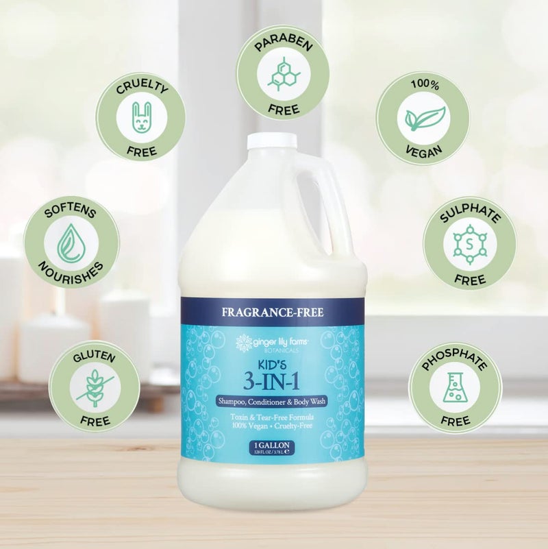 Ginger Lily Farms Botanicals Kid's 3-in-1 Shampoo, Conditioner & Body Wash, Tear-Free Formula, 100% Vegan & Cruelty-Free, Fragrance-Free, 1 Gallon (128 fl oz) Refill - Image 4