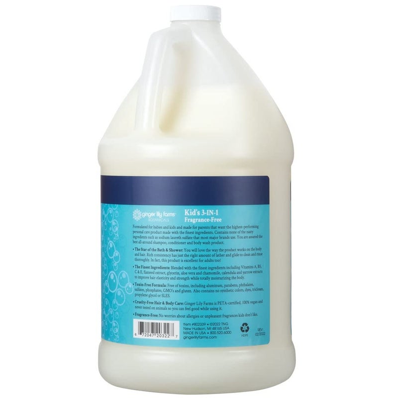 Ginger Lily Farms Botanicals Kid's 3-in-1 Shampoo, Conditioner & Body Wash, Tear-Free Formula, 100% Vegan & Cruelty-Free, Fragrance-Free, 1 Gallon (128 fl oz) Refill - Image 2