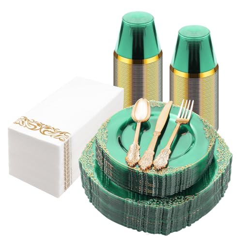 Bestluck 175PCS Clear Green Plastic Plates for 25 Guests, Disposable Plates with Gold Trim include 50 Dinner Plates, 75 Gold Silverware, 25 Cups, 25 Napkins for Party, Wedding and Graduation - Image 1