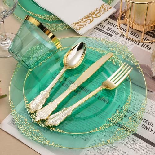 Bestluck 175PCS Clear Green Plastic Plates for 25 Guests, Disposable Plates with Gold Trim include 50 Dinner Plates, 75 Gold Silverware, 25 Cups, 25 Napkins for Party, Wedding and Graduation - Image 3