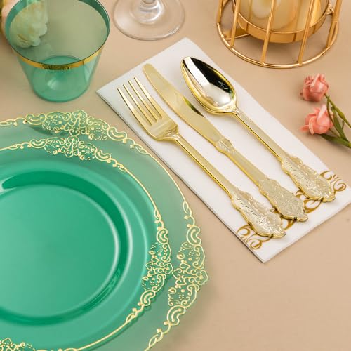 Bestluck 175PCS Clear Green Plastic Plates for 25 Guests, Disposable Plates with Gold Trim include 50 Dinner Plates, 75 Gold Silverware, 25 Cups, 25 Napkins for Party, Wedding and Graduation - Image 4