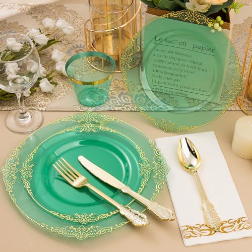 Bestluck 175PCS Clear Green Plastic Plates for 25 Guests, Disposable Plates with Gold Trim include 50 Dinner Plates, 75 Gold Silverware, 25 Cups, 25 Napkins for Party, Wedding and Graduation - Image 5