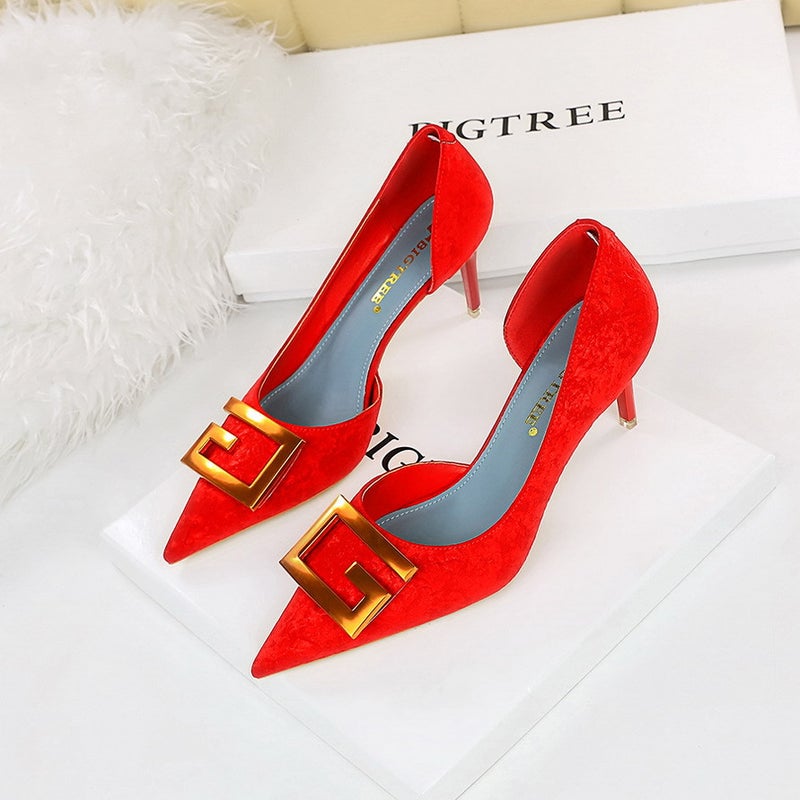 6168-2 Nightclubs Skinny Thin Heel High Heel Shallow Mouth Pointed Side Hollow Square Buckle Single Shoes High Heels - Image 1