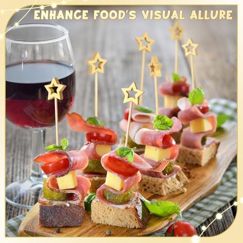 Vicuna R 100PCS Gold Star Cocktail Picks, Decorative Fancy Toothpicks for Appetizers, 5.2 Inch Long Bamboo Skewers, Wooden Garnish Sticks for Drinks Food Fruit Party Supplies Charcuterie Boards Accessories - Image 3