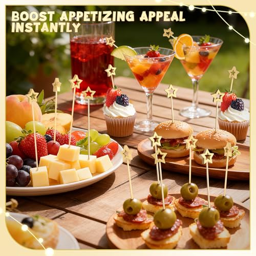 Vicuna R 100PCS Gold Star Cocktail Picks, Decorative Fancy Toothpicks for Appetizers, 5.2 Inch Long Bamboo Skewers, Wooden Garnish Sticks for Drinks Food Fruit Party Supplies Charcuterie Boards Accessories - Image 4