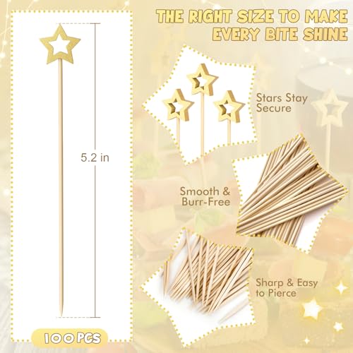 Vicuna R 100PCS Gold Star Cocktail Picks, Decorative Fancy Toothpicks for Appetizers, 5.2 Inch Long Bamboo Skewers, Wooden Garnish Sticks for Drinks Food Fruit Party Supplies Charcuterie Boards Accessories - Image 2