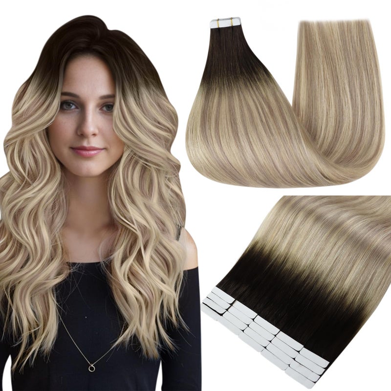 Full Shine Tape in Extensions Human Hair 14 Inch Human Hair Extensions Tape in Color 2 Fading to 18 Ash Blonde Highlight 60 Blonde Invisible Remy Tape Ins Human Hair Extensions 20PCS 50g for Party