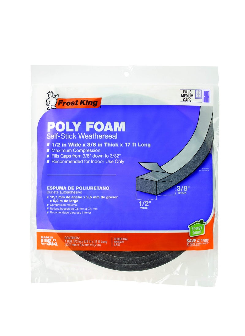 Frost King Frost King L347 Self-Adhesive Open Cell Tape, 17 Ft L X 1/2, Polyfoam, Charcoal, 3/8" W, 1/4" T  - Image 1