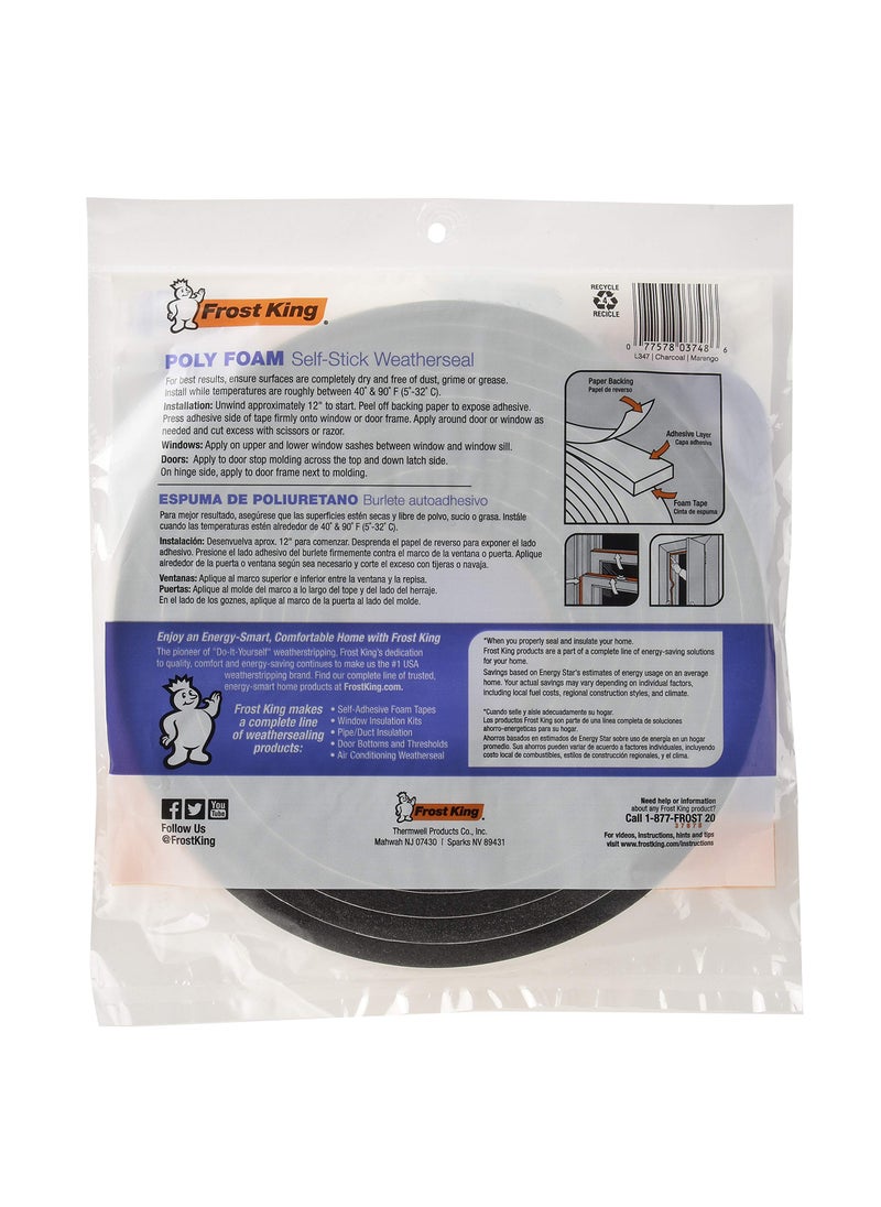 Frost King Frost King L347 Self-Adhesive Open Cell Tape, 17 Ft L X 1/2, Polyfoam, Charcoal, 3/8" W, 1/4" T  - Image 2