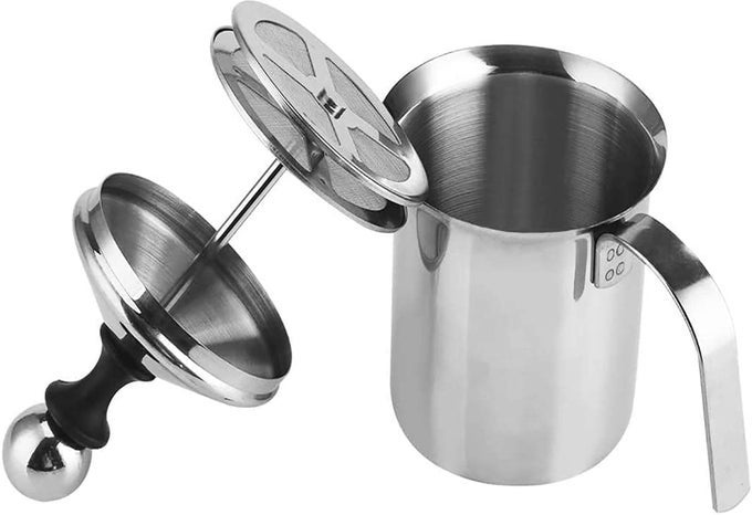 MANUAL MILK FROTHER STAINLESS STEEL HAND PUMP MILK FOAMER HANDHELD MILK FROTHING PITCHERSMANUAL OPERATED MILK FOAM MAKER FOR CAPPUCCIONS AND COFFEE LATTE 14OUNCE 400ML