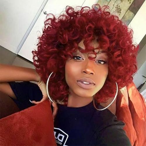 PHOENIXFLY Red Curly Wigs for Black Women Short Loose Burgundy Curly Wigs for Women Curly Synthetic Hair Wig Heat Resistant Hair Replacement with Wig Caps(Burgundy,Red) - Image 1
