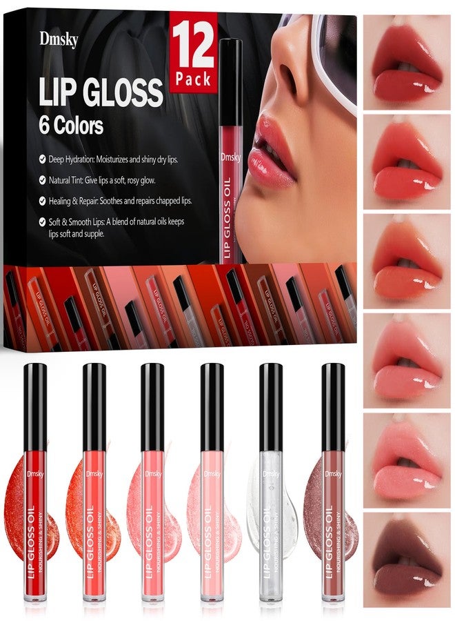 Dmsky 12 Pack Lip Gloss Set, 6 Colors Shiny Soft Lip Gloss Bulk, Lip Oil for Dry Cracked Lips Moisturizing Nourishing,Lip Stain With Rich Varied Colors For Girls and Women Makeup - Image 1