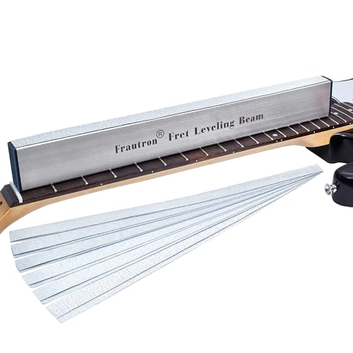Frautron Fret Leveling Beam, 16 Inch Stainless Steel Fret Leveler Sanding Block, Guitar Fret Level File Bar Luthier Repair Tool with 2-Set of 120/240/320/400/600/1000 Grit Replacement Sandpaper - Image 1