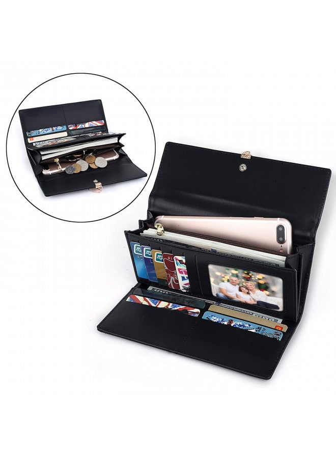UTO UTO RFID Wallet for Women PU Leather Leaf Pendant Card Holder Phone Checkbook Organizer Zipper Coin Purse Black  - Image 2