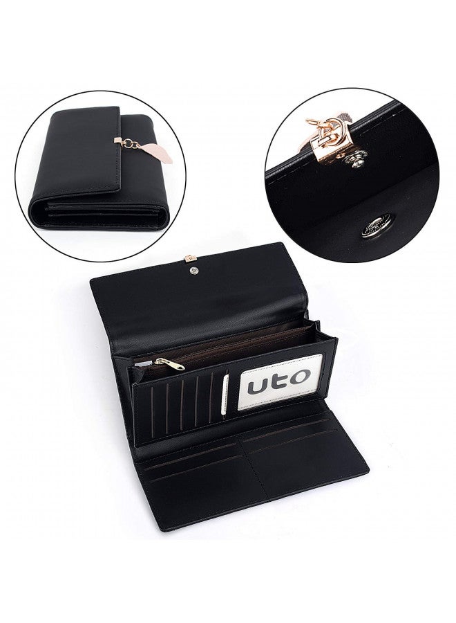 UTO UTO RFID Wallet for Women PU Leather Leaf Pendant Card Holder Phone Checkbook Organizer Zipper Coin Purse Black  - Image 3