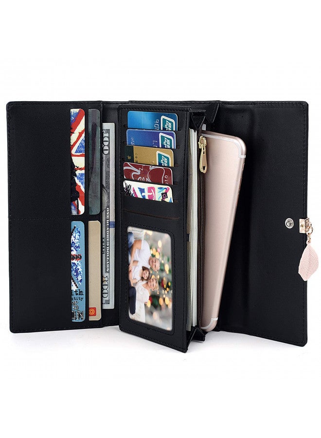 UTO UTO RFID Wallet for Women PU Leather Leaf Pendant Card Holder Phone Checkbook Organizer Zipper Coin Purse Black  - Image 1