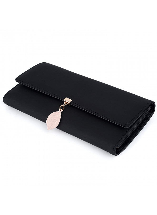 UTO UTO RFID Wallet for Women PU Leather Leaf Pendant Card Holder Phone Checkbook Organizer Zipper Coin Purse Black  - Image 4