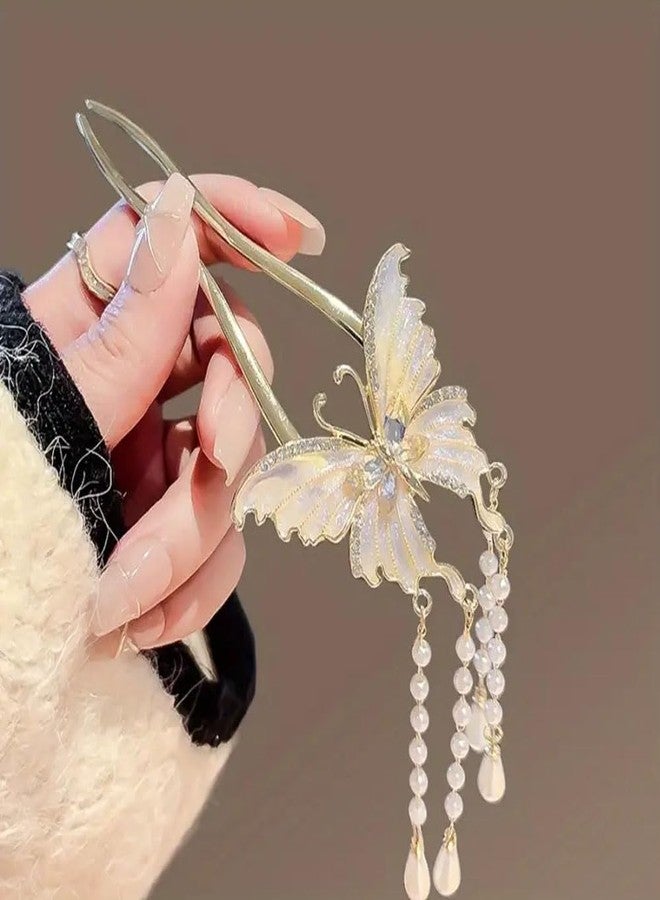 Ashkash 1pc Exquisite Butterfly-Shaped Faux Pearl Tassel U-Hairpin - Stylish Hair Fixing Tool for Women - Chinese Inspired Hair Accessory with Pan Hair Design - Image 5