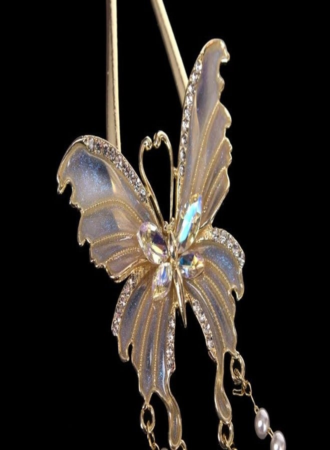 Ashkash 1pc Exquisite Butterfly-Shaped Faux Pearl Tassel U-Hairpin - Stylish Hair Fixing Tool for Women - Chinese Inspired Hair Accessory with Pan Hair Design - Image 4