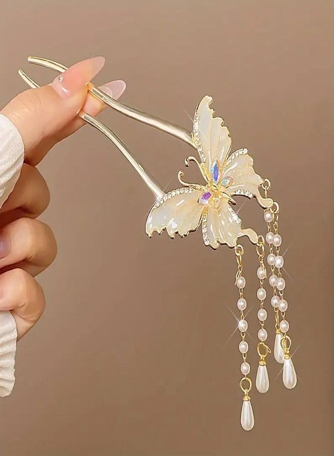 Ashkash 1pc Exquisite Butterfly-Shaped Faux Pearl Tassel U-Hairpin - Stylish Hair Fixing Tool for Women - Chinese Inspired Hair Accessory with Pan Hair Design - Image 2