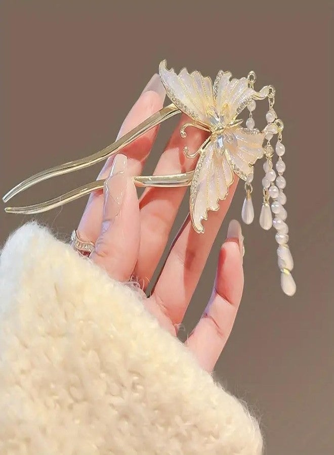 Ashkash 1pc Exquisite Butterfly-Shaped Faux Pearl Tassel U-Hairpin - Stylish Hair Fixing Tool for Women - Chinese Inspired Hair Accessory with Pan Hair Design - Image 1