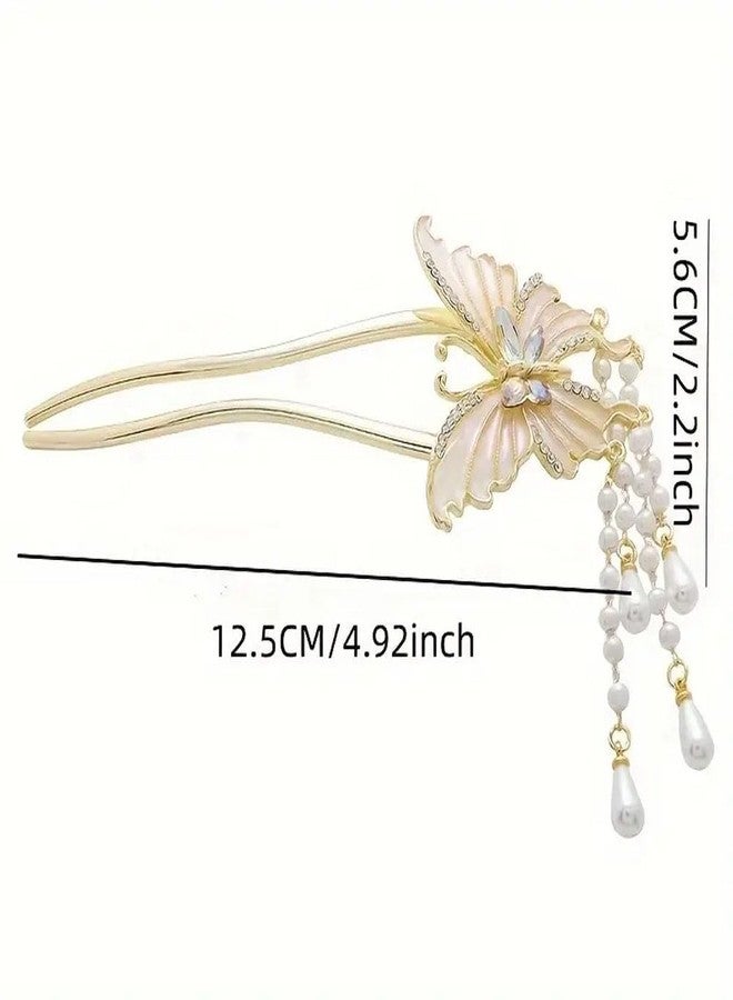 Ashkash 1pc Exquisite Butterfly-Shaped Faux Pearl Tassel U-Hairpin - Stylish Hair Fixing Tool for Women - Chinese Inspired Hair Accessory with Pan Hair Design - Image 3