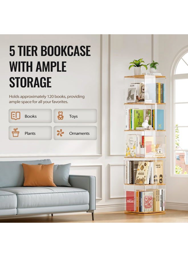 TAKEKIT 5-Tier Rotating Bookshelf, 360° Spinning Book Shelf Tower with Solid Wood & Clear Acrylic, Square Revolving Bookcase for Kids Room, Living Room, Bedroom and Office - Image 4