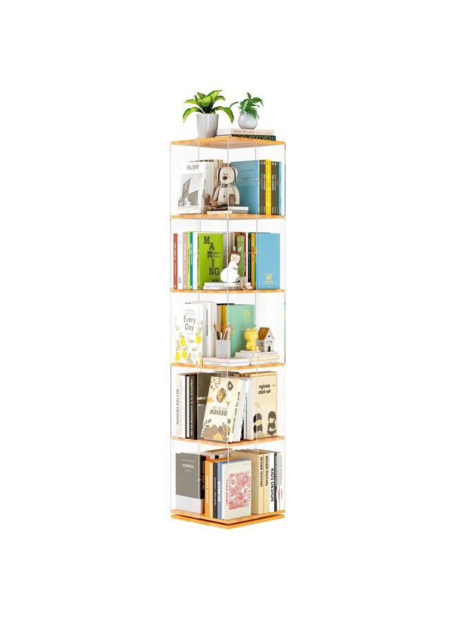 TAKEKIT 5-Tier Rotating Bookshelf, 360° Spinning Book Shelf Tower with Solid Wood & Clear Acrylic, Square Revolving Bookcase for Kids Room, Living Room, Bedroom and Office - Image 1