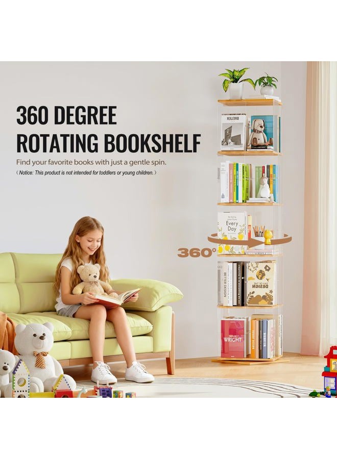 TAKEKIT 5-Tier Rotating Bookshelf, 360° Spinning Book Shelf Tower with Solid Wood & Clear Acrylic, Square Revolving Bookcase for Kids Room, Living Room, Bedroom and Office - Image 3
