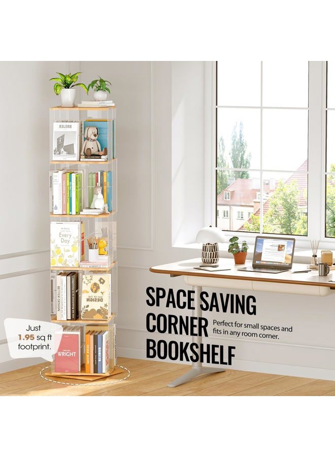 TAKEKIT 5-Tier Rotating Bookshelf, 360° Spinning Book Shelf Tower with Solid Wood & Clear Acrylic, Square Revolving Bookcase for Kids Room, Living Room, Bedroom and Office - Image 5