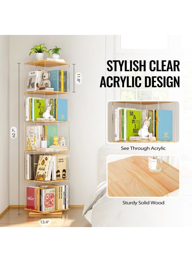 TAKEKIT 5-Tier Rotating Bookshelf, 360° Spinning Book Shelf Tower with Solid Wood & Clear Acrylic, Square Revolving Bookcase for Kids Room, Living Room, Bedroom and Office - Image 2