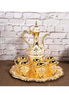 Generic Antique Metal Turkish Coffee Pot Set with 6 Luxury Cups, Handmade Tea Tray and Pitcher for Serving Tea, Coffee, Cappuccino and Zamzam, Gold and Silver Ottoman Gift  - Image 1