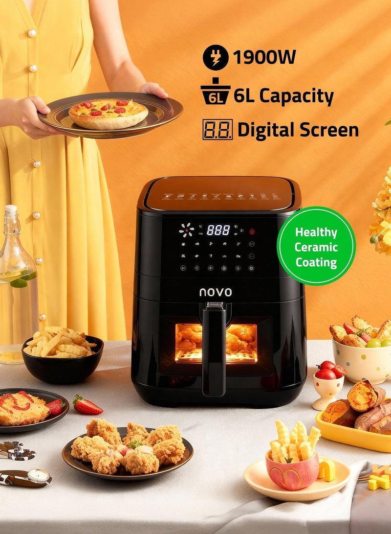 نوفو قلاية الهواء نوفو 6 لتر 1900 واط – قوة فائقة بتصميم XL مع نافذة شفافة وإضاءة داخلية | 10 برامج تلقائية | للخبز، إعادة التسخين، والتحمير | ضمان سنة واحدة - Image 2