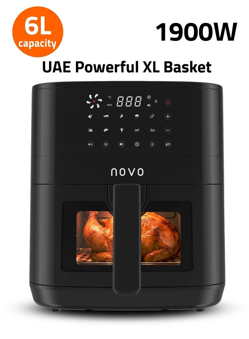 نوفو قلاية الهواء نوفو 6 لتر 1900 واط – قوة فائقة بتصميم XL مع نافذة شفافة وإضاءة داخلية | 10 برامج تلقائية | للخبز، إعادة التسخين، والتحمير | ضمان سنة واحدة - Image 1