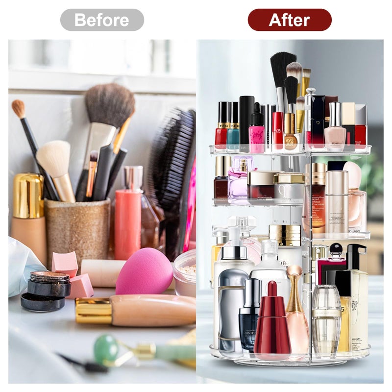 Miserwe Makeup Organizer 360 Rotating Cosmetic Organizer DIY Adjustable Makeup Carousel Spinning Holder Rack, Large Capacity Cosmetic Storage Box Makeup Brushes Organizer for Vanity Countertop (Clear) - Image 5