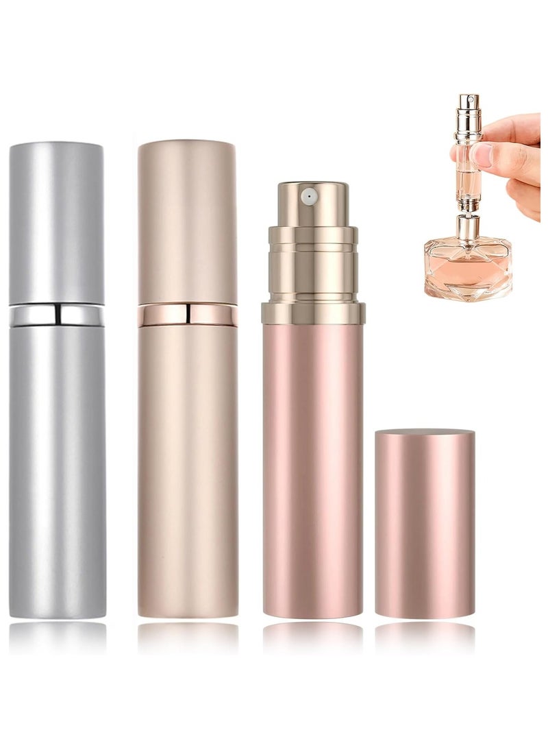 3PCS 5ml Perfume Travel Refillable Bottle ,Bottom-Filling Fragrances Perfume Atomizer ,Mini Empty Spray Bottle ,Travel Perfume, Pocket Travel Toiletries ,Holiday Travel Essentials ,Empty Mini Cologne Dispenser,Pocket Atomiser,Rose Gold+ Silver+Gold