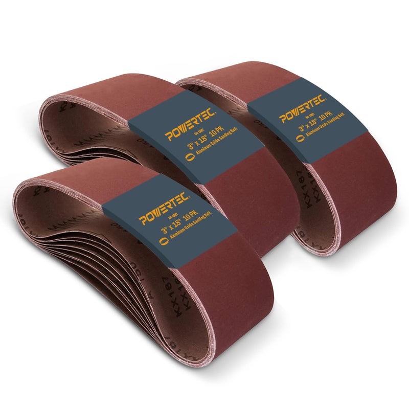 POWERTEC 3 x 18 Inch Sanding Belts 10 Each of 406080 Grits 30PK Aluminum Oxide Belt Sander Sanding Belt Assortment for Portable Belt Sander Wood Paint Sanding Metal Polishing 110804