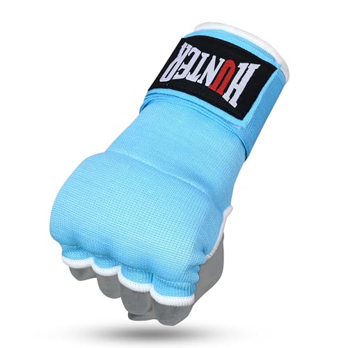 HUNTER قفازات داخلية مبطنة بالجل مع لفافات يد للملاكمة، لفافات تدريب مرنة سريعة للرجال والنساء، فنون القتال المختلطة، كيك بوكسينغ، حماية المعصم (زوج) (أزرق سماوي، S/M) - Image 5