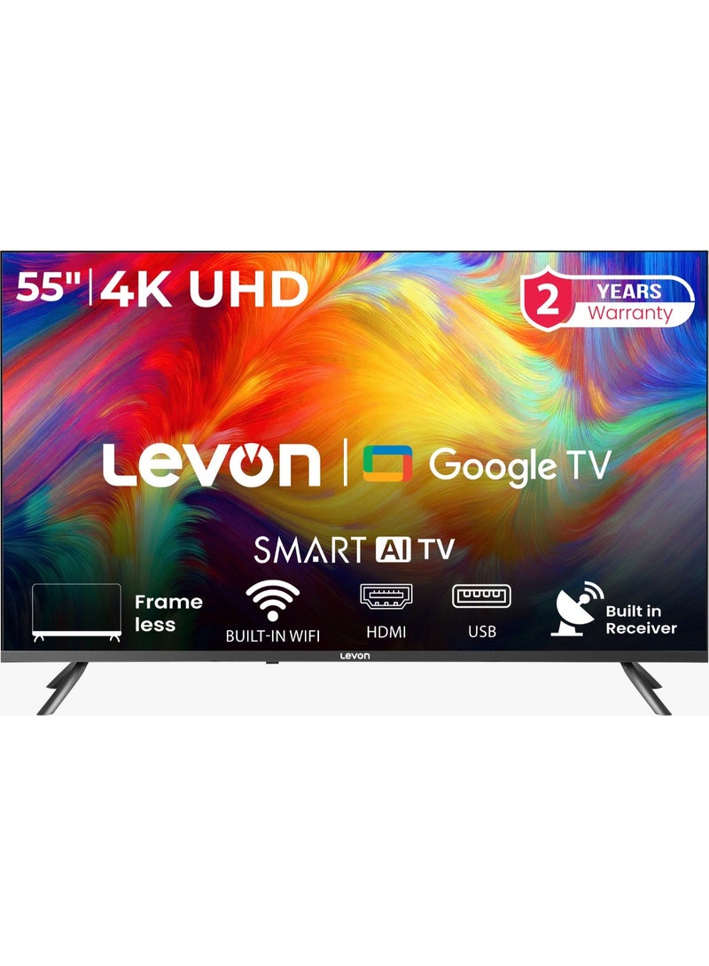 ليفون تلفزيون Levon سمارت 55 بوصة UHD 4K بنظام Android مع اعتماد Google، تصميم بدون إطار، بلوتوث 5.0 – موديل .MT9602 PRO-FG95 - Image 1