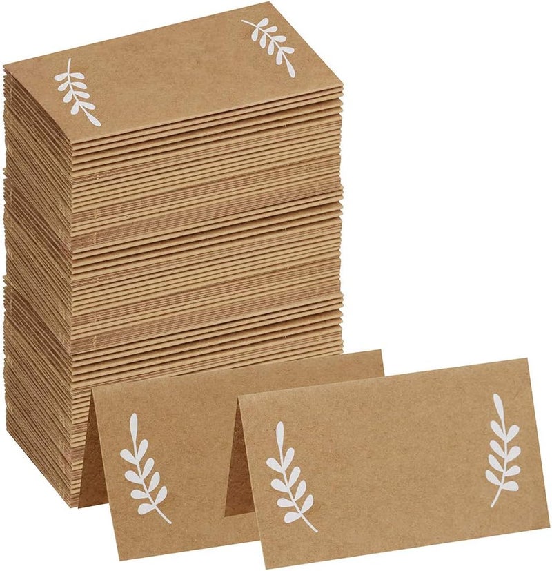 Supla 100 Pcs Place Cards with White Laurel Leaves Kraft Paper Cards Rustic Wedding Table Name Number Blank Table Tent Cards Table Name Tags Table Card Seating Cards Buffet Table Cards - Image 1