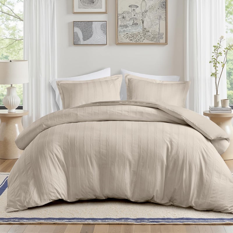 Madison Park Essentials King Duvet Cover Set Modern Minimalist Duvet Set with Premium Neutral Woven Polyester Stripe Front & Ultra-Soft Brushed Microfiber Reverse, 4 Corner Ties, King - Image 1