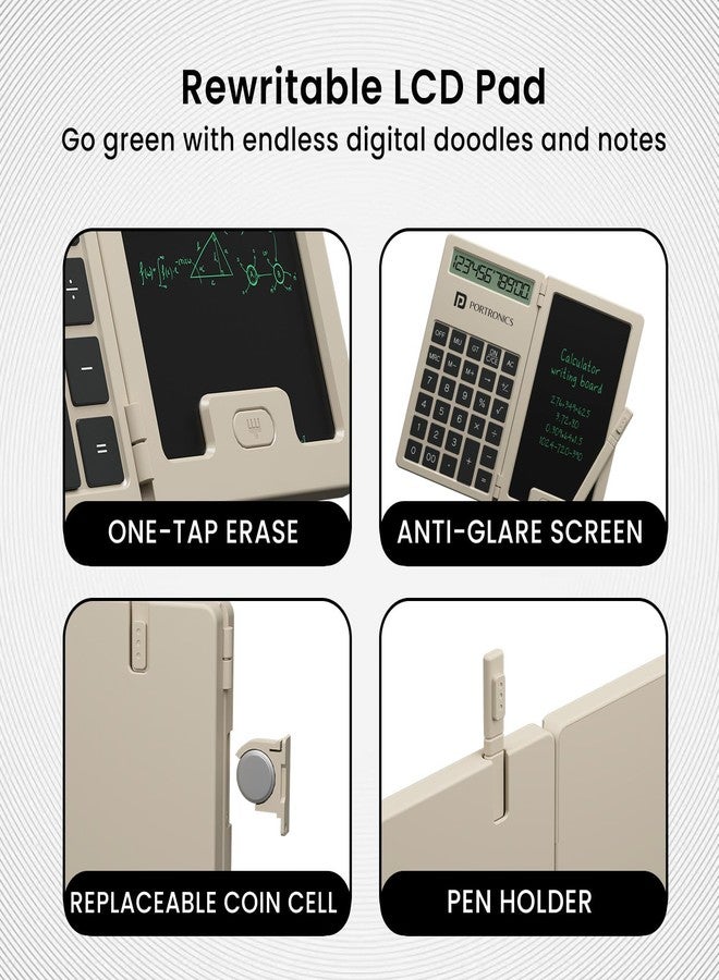 Portronics Ruffpad Calc Mini 2-in-1 Calculator & LCD Writing Pad with 5.5 Inches Tablet, 12 Digits, Foldable Design, Stylus Pen for Students, Birthday Gift, Kids Toys, School, Office(Beige) - Image 3