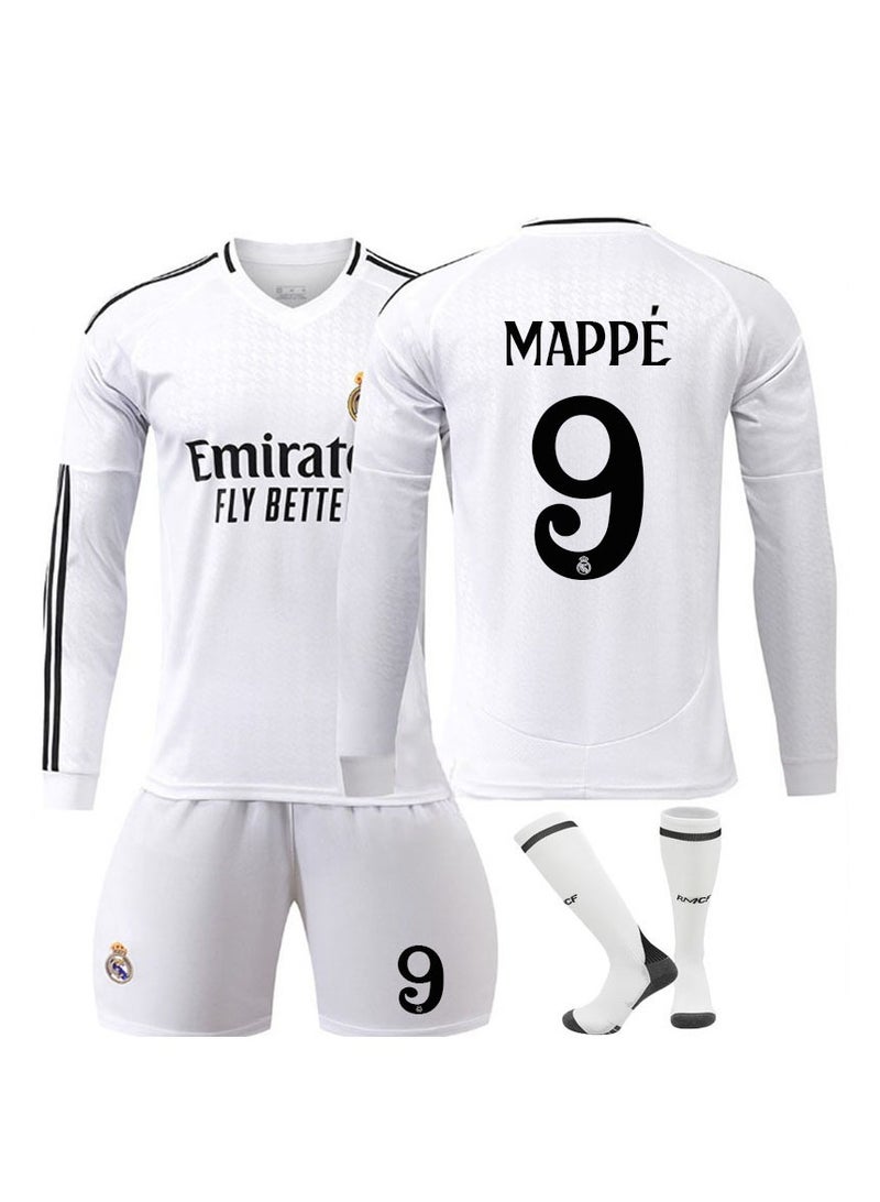 Real Madrid 24-25 Home Football Kits MBAPPE #9 Fans Football Jersey Long Sleeve/Shorts Socks Gift Set Youth Sizes and Adult Size - Image 1
