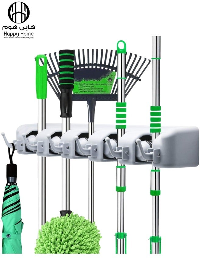 Happy Home Wall-Mounted Broom and Mop Holder Organizer | 5-Slot Cleaning Tool Rack with Hooks for Home & Garage Storage - Image 1