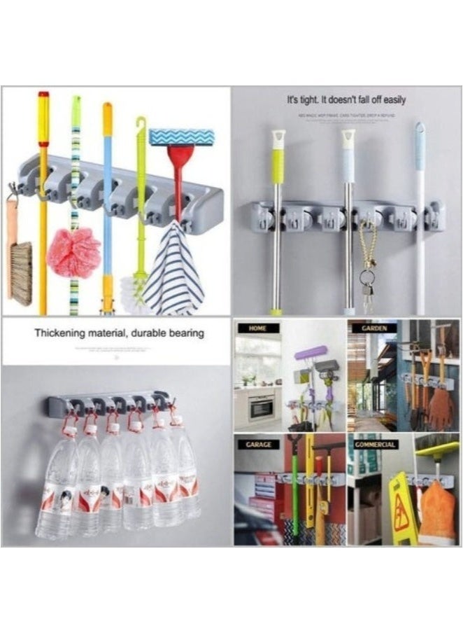 Happy Home Wall-Mounted Broom and Mop Holder Organizer | 5-Slot Cleaning Tool Rack with Hooks for Home & Garage Storage - Image 4
